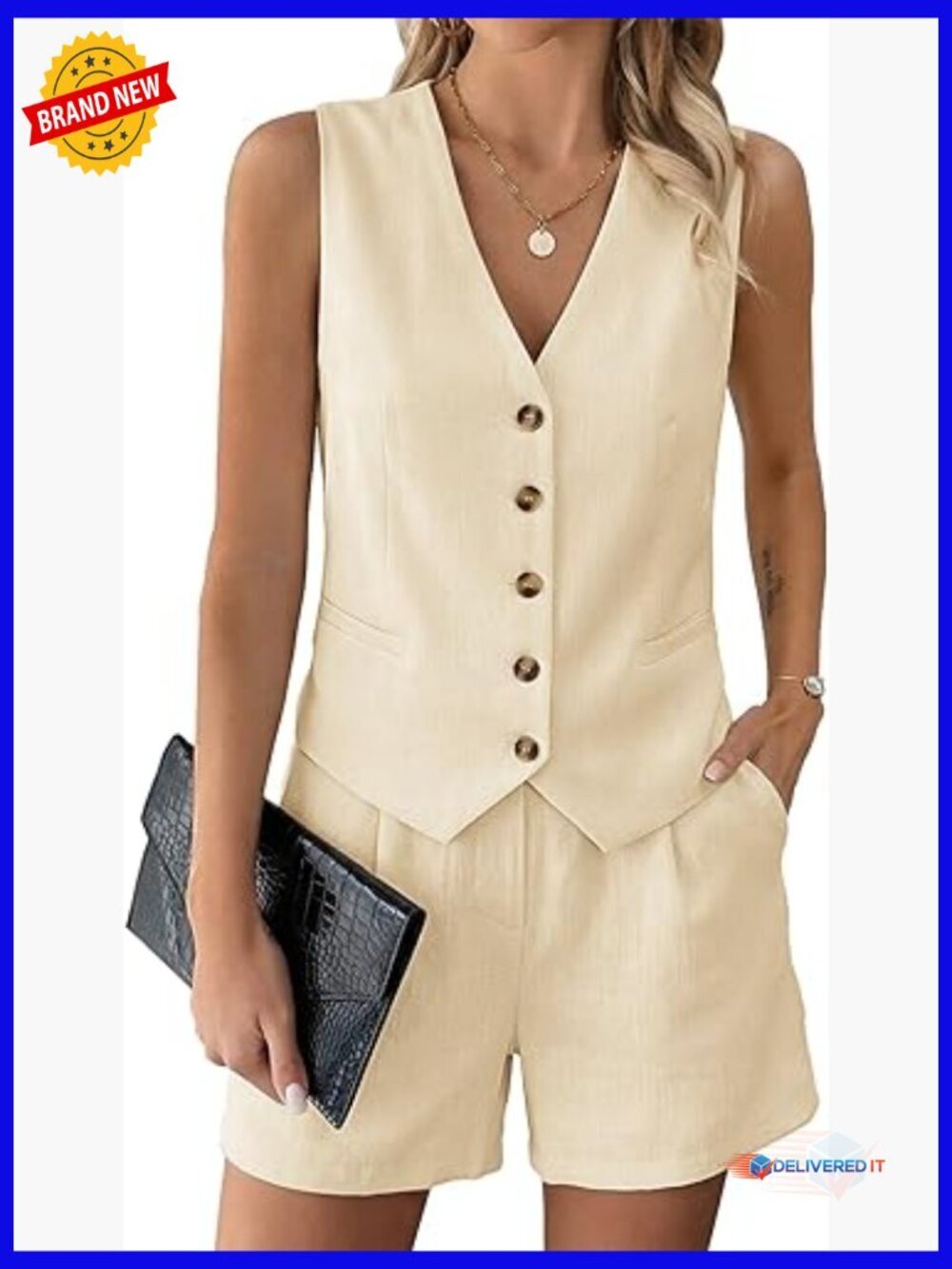 2 Piece Short Sets Button Down Vest Top and Shorts with Pockets Matching Summer